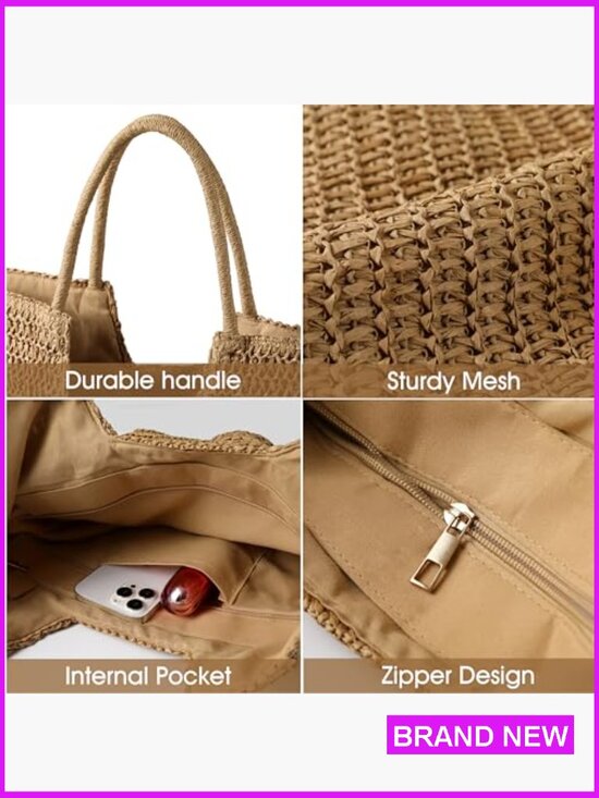 Straw Woven Tote Bag Large Beach Shoulder Handbag Boho Chic Summer Holiday - Picture 6 of 7